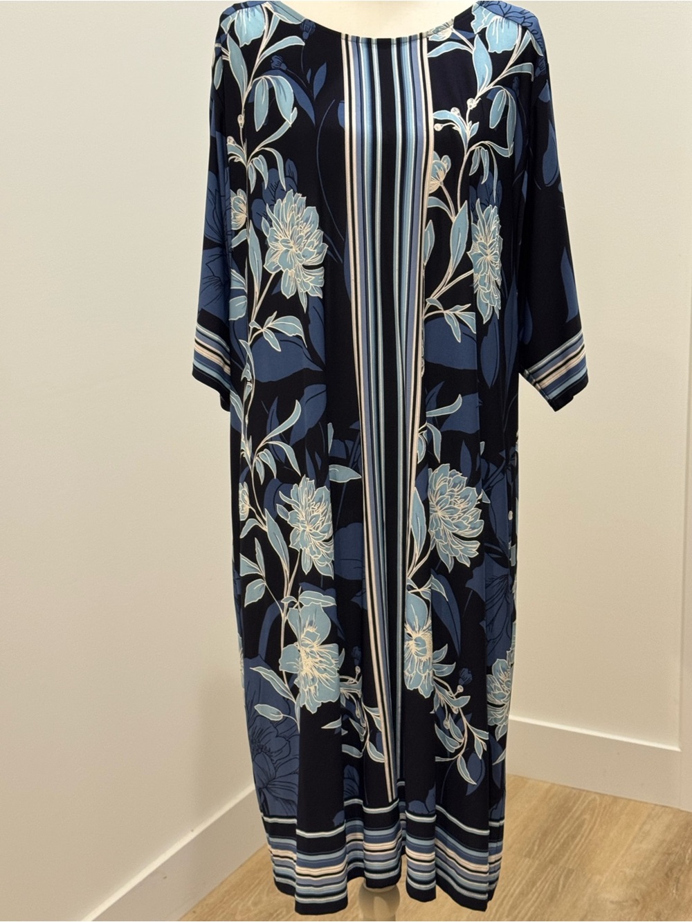 Sandra Darren Navy and Light Blue Floral Stripe jersey belted Maxi Dress
